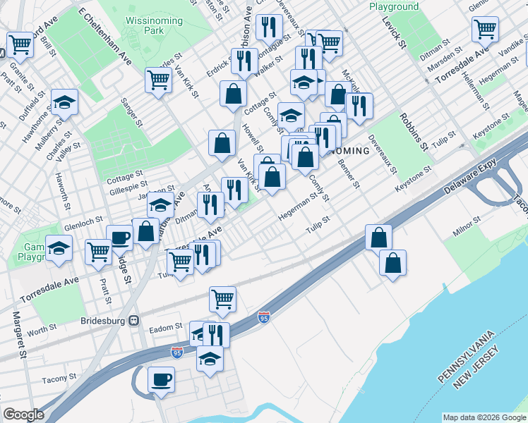map of restaurants, bars, coffee shops, grocery stores, and more near 4728 Van Kirk Street in Philadelphia