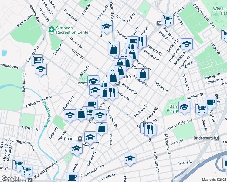 map of restaurants, bars, coffee shops, grocery stores, and more near 4649 Frankford Avenue in Philadelphia