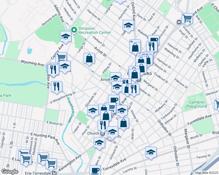 map of restaurants, bars, coffee shops, grocery stores, and more near 4511 Leiper Street in Philadelphia