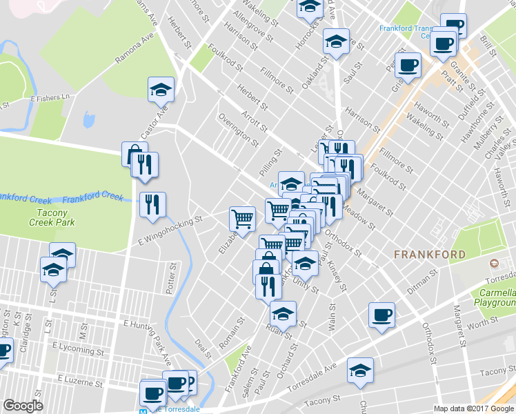 map of restaurants, bars, coffee shops, grocery stores, and more near in Philadelphia