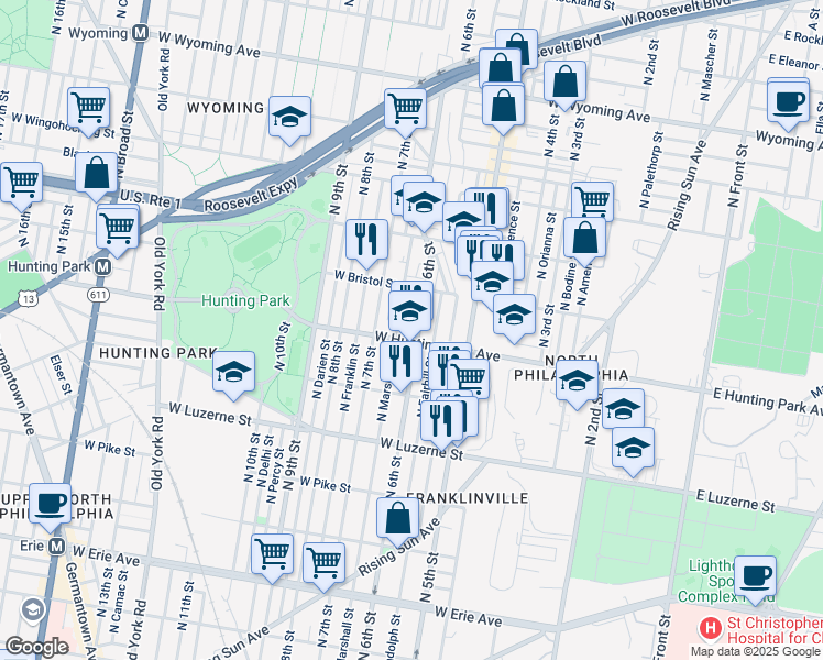 map of restaurants, bars, coffee shops, grocery stores, and more near 4210 North 6th Street in Philadelphia