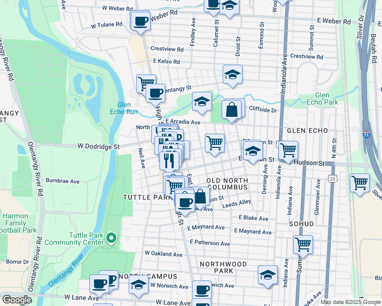 map of restaurants, bars, coffee shops, grocery stores, and more near 71 East Duncan Street in Columbus