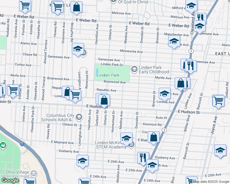 map of restaurants, bars, coffee shops, grocery stores, and more near 1303 Republic Avenue in Columbus