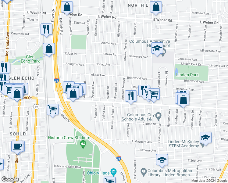 map of restaurants, bars, coffee shops, grocery stores, and more near 2477 Hiawatha Street in Columbus