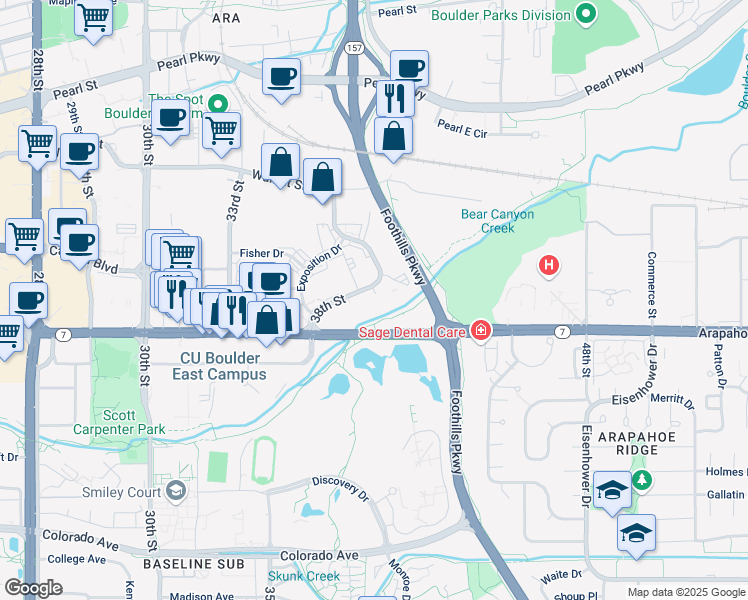 map of restaurants, bars, coffee shops, grocery stores, and more near 1650 38th St in Boulder
