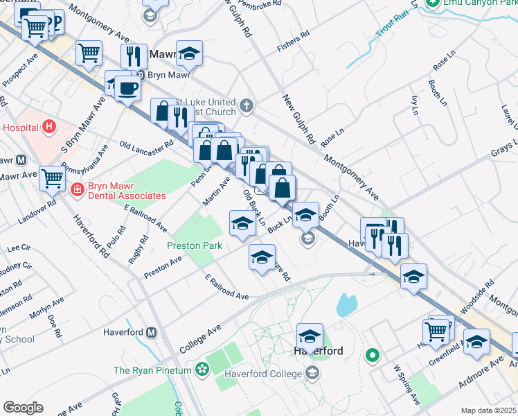 map of restaurants, bars, coffee shops, grocery stores, and more near 535 County Line Road in Haverford