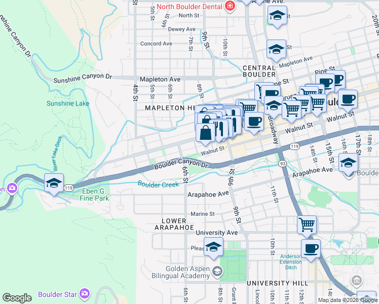 map of restaurants, bars, coffee shops, grocery stores, and more near 624 Pearl Street in Boulder