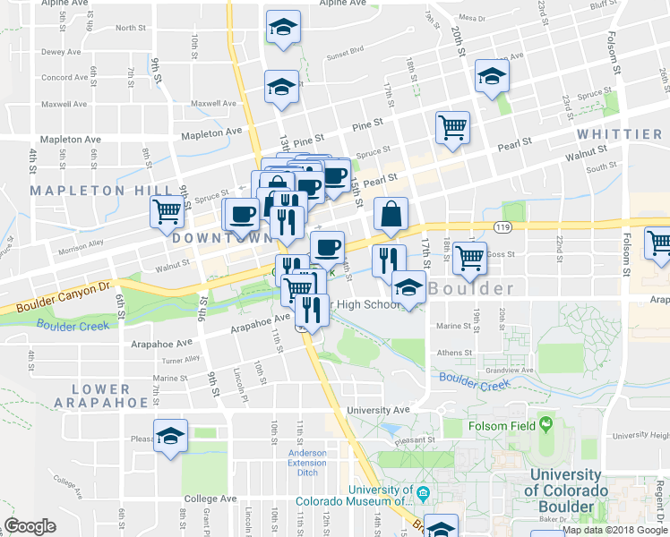 map of restaurants, bars, coffee shops, grocery stores, and more near 1770 13th St in Boulder
