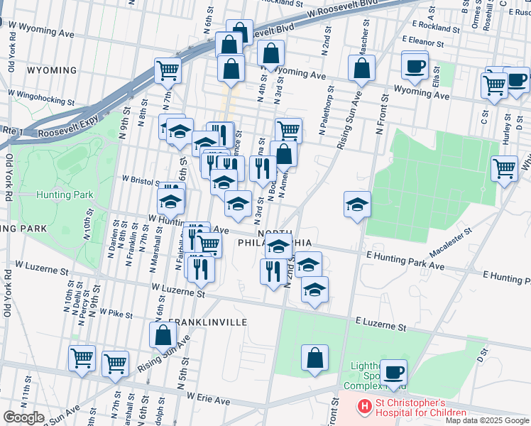 map of restaurants, bars, coffee shops, grocery stores, and more near 4250 North Bodine Street in Philadelphia