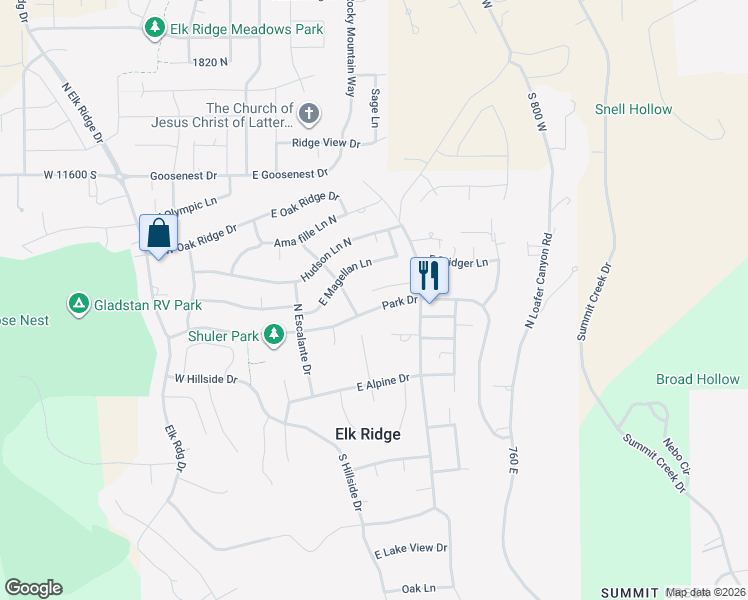 map of restaurants, bars, coffee shops, grocery stores, and more near 364 550E300N in Elk Ridge