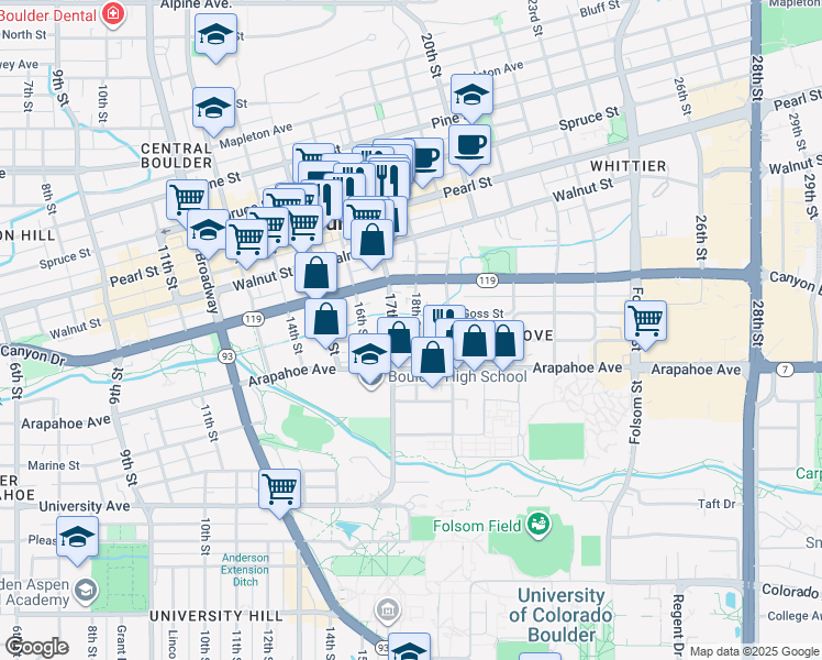 map of restaurants, bars, coffee shops, grocery stores, and more near 1803 Grove Street in Boulder