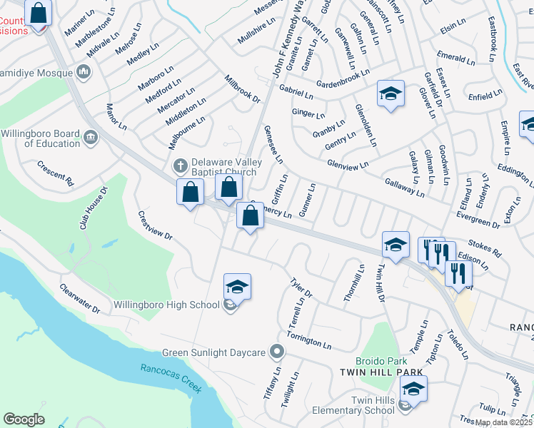 map of restaurants, bars, coffee shops, grocery stores, and more near 64 Gramercy Lane in Willingboro