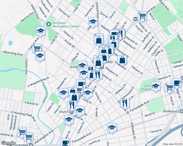 map of restaurants, bars, coffee shops, grocery stores, and more near 4629 Griscom Street in Philadelphia