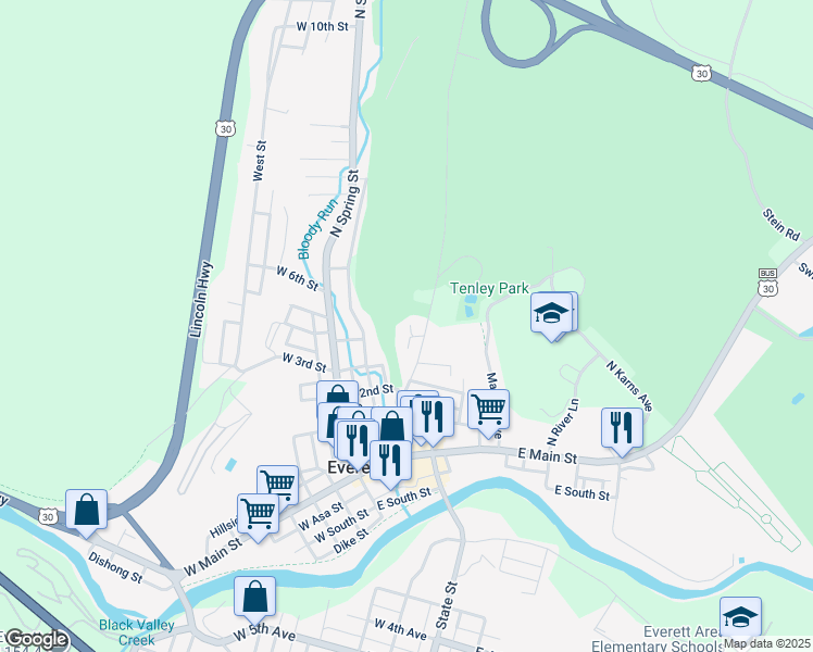 map of restaurants, bars, coffee shops, grocery stores, and more near 106 Robin Lane in Everett