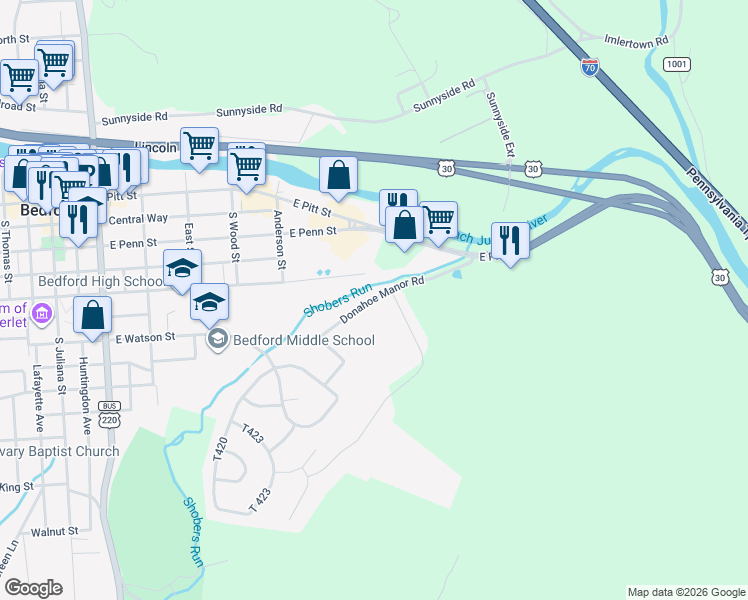 map of restaurants, bars, coffee shops, grocery stores, and more near 217 Donahue Manor Road in Bedford
