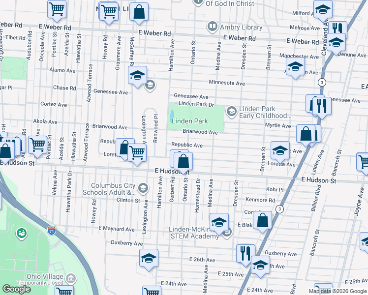 map of restaurants, bars, coffee shops, grocery stores, and more near 1249 Republic Avenue in Columbus