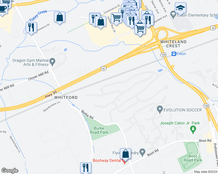 map of restaurants, bars, coffee shops, grocery stores, and more near 242 Birchwood Drive in West Chester