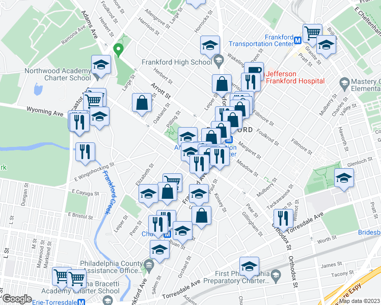 map of restaurants, bars, coffee shops, grocery stores, and more near 1501 Orthodox Street in Philadelphia