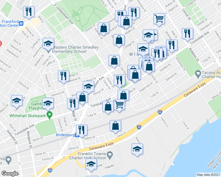 map of restaurants, bars, coffee shops, grocery stores, and more near 2067 Carver Street in Philadelphia