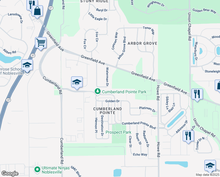 map of restaurants, bars, coffee shops, grocery stores, and more near 127 Waterman Drive in Noblesville