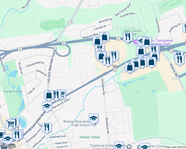 map of restaurants, bars, coffee shops, grocery stores, and more near 827 East Lancaster Avenue in Downingtown