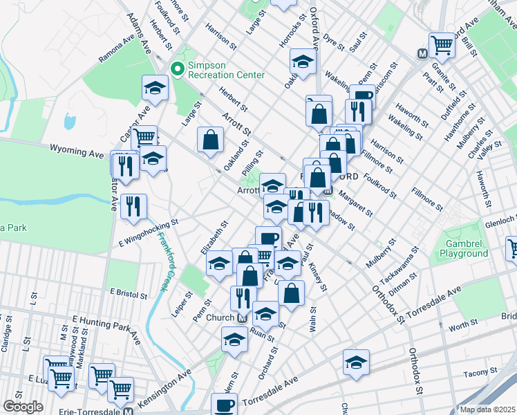 map of restaurants, bars, coffee shops, grocery stores, and more near 4511 Leiper Street in Philadelphia