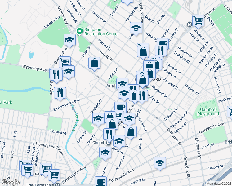 map of restaurants, bars, coffee shops, grocery stores, and more near 4531 Leiper Street in Philadelphia