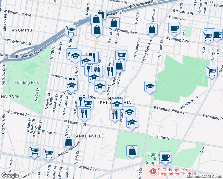 map of restaurants, bars, coffee shops, grocery stores, and more near 4252 North Bodine Street in Philadelphia