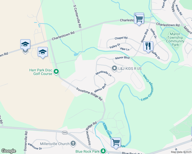 map of restaurants, bars, coffee shops, grocery stores, and more near 1077 Monticello Lane in Lancaster