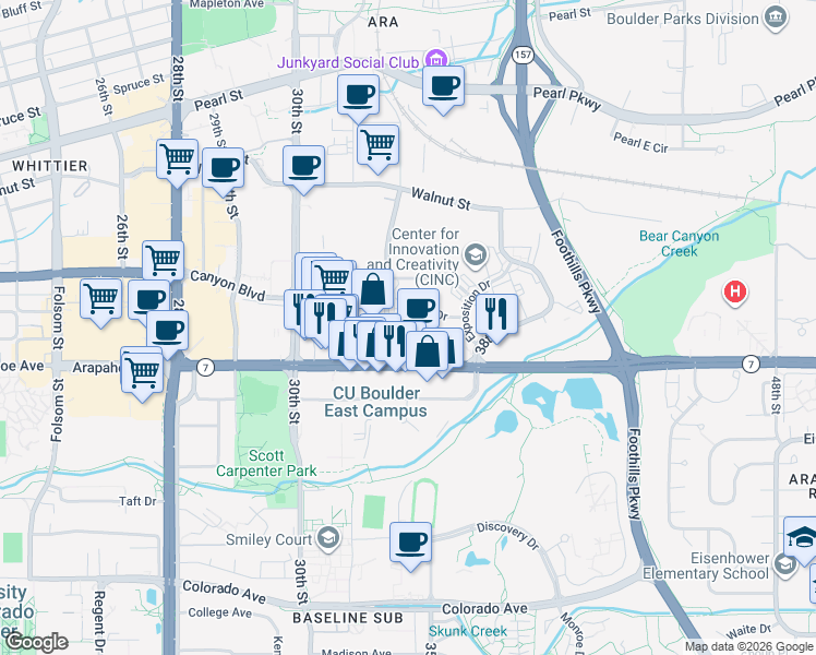map of restaurants, bars, coffee shops, grocery stores, and more near 3301 Arapahoe Avenue in Boulder