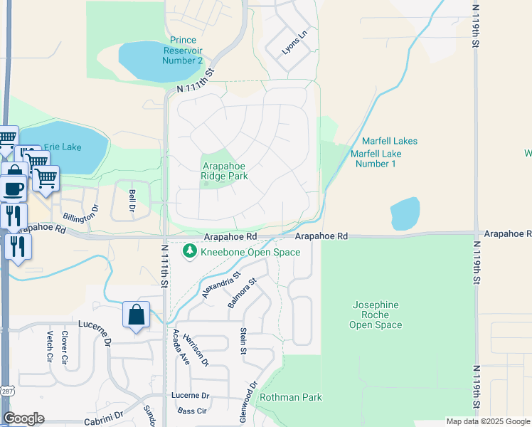 map of restaurants, bars, coffee shops, grocery stores, and more near 1937 Larson Court in Erie