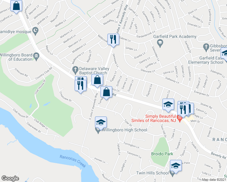 map of restaurants, bars, coffee shops, grocery stores, and more near 64 Gramercy Lane in Willingboro