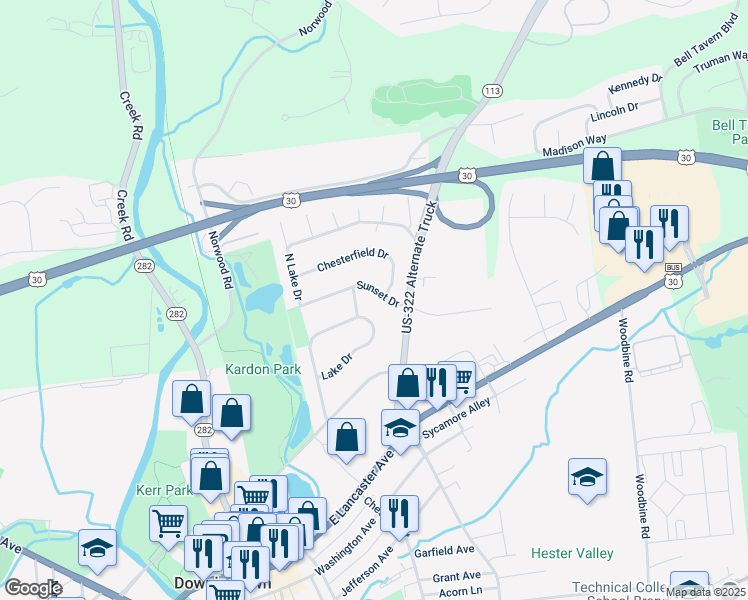 map of restaurants, bars, coffee shops, grocery stores, and more near 418 Sunset Drive in Downingtown