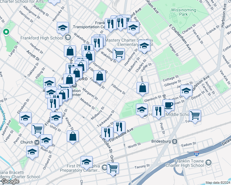 map of restaurants, bars, coffee shops, grocery stores, and more near 4813 Mulberry Street in Philadelphia