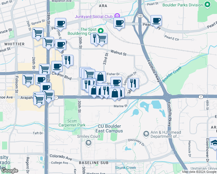 map of restaurants, bars, coffee shops, grocery stores, and more near 3301 Arapahoe Avenue in Boulder