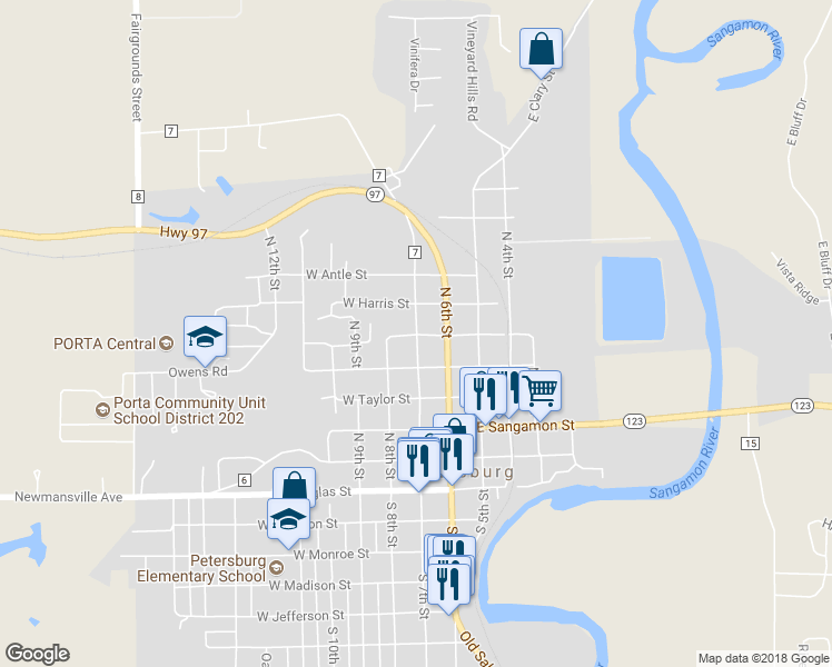 map of restaurants, bars, coffee shops, grocery stores, and more near 601 North 7th Street in Petersburg