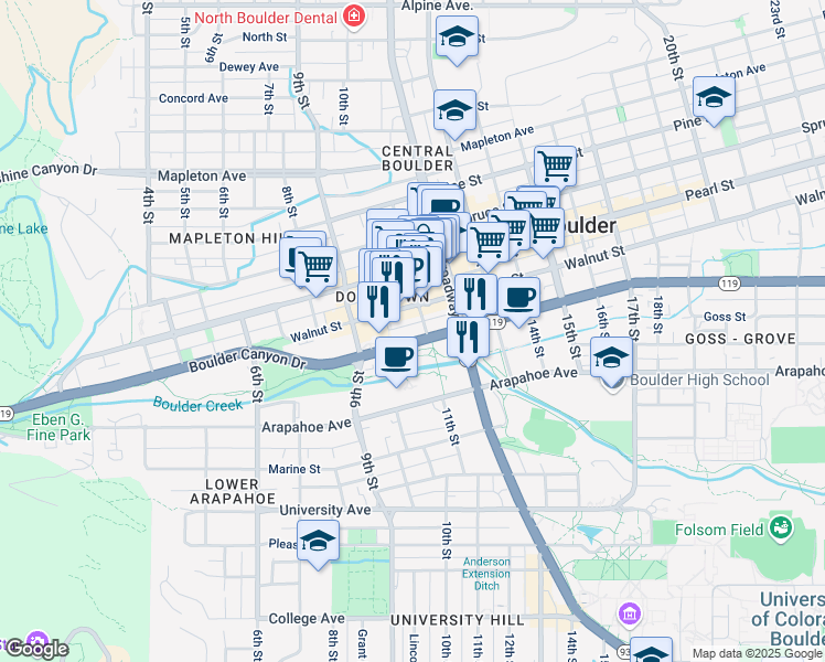 map of restaurants, bars, coffee shops, grocery stores, and more near in Boulder
