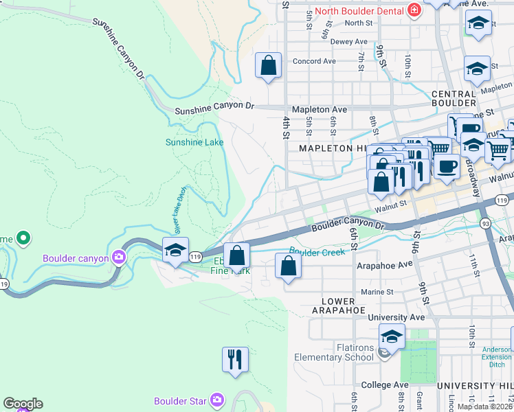 map of restaurants, bars, coffee shops, grocery stores, and more near 211 Pearl Street in Boulder