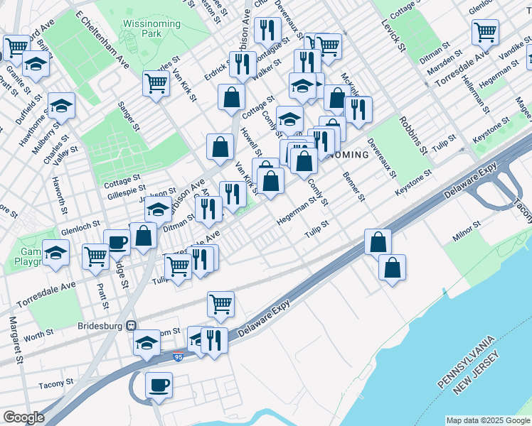 map of restaurants, bars, coffee shops, grocery stores, and more near 4716 Van Kirk Street in Philadelphia