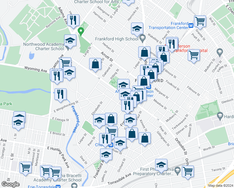 map of restaurants, bars, coffee shops, grocery stores, and more near 4511 Leiper Street in Philadelphia