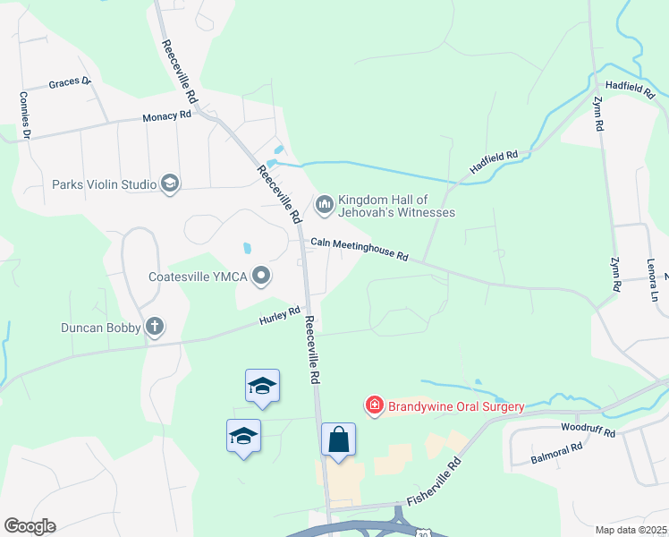 map of restaurants, bars, coffee shops, grocery stores, and more near 301 Reeceville Road in Coatesville