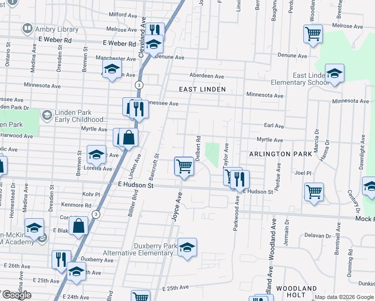 map of restaurants, bars, coffee shops, grocery stores, and more near 2337 Delbert Road in Columbus