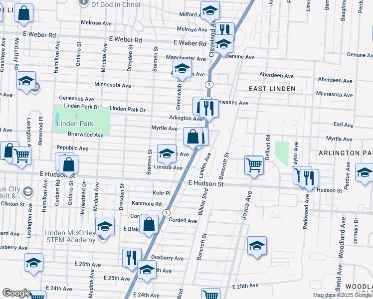 map of restaurants, bars, coffee shops, grocery stores, and more near in Columbus