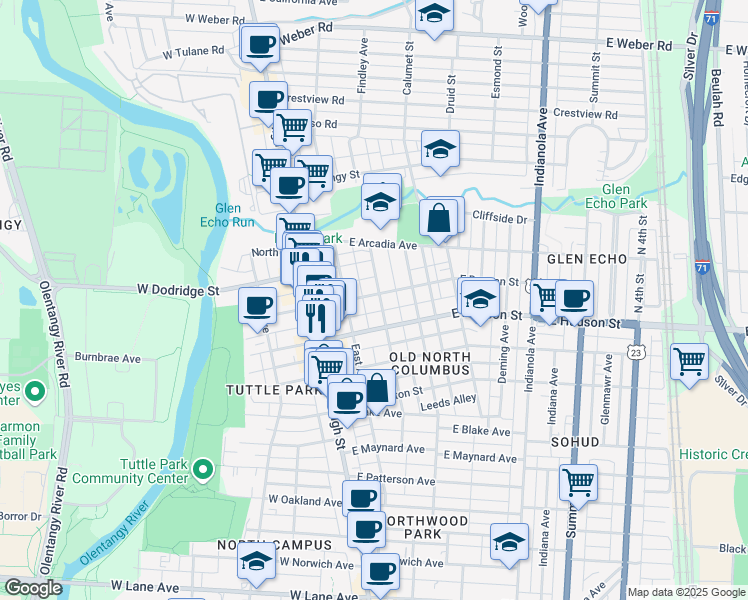map of restaurants, bars, coffee shops, grocery stores, and more near 2590 Findley Avenue in Columbus