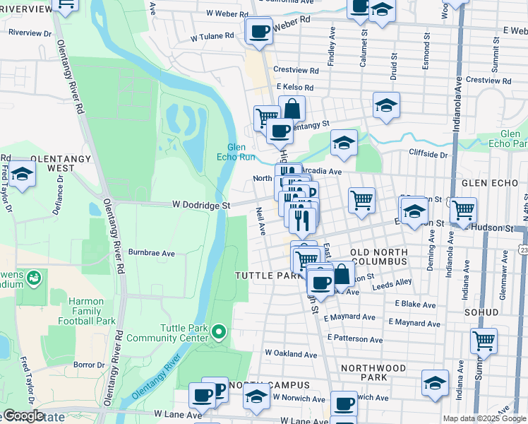 map of restaurants, bars, coffee shops, grocery stores, and more near 48 West Duncan Street in Columbus