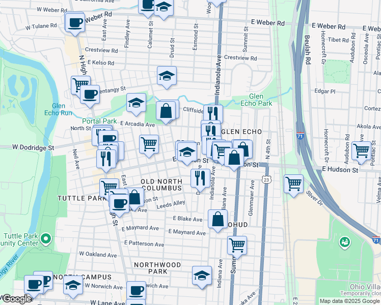 map of restaurants, bars, coffee shops, grocery stores, and more near 2582 Dayton Avenue in Columbus