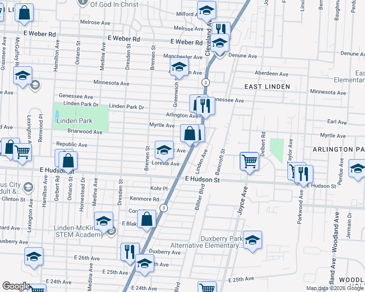 map of restaurants, bars, coffee shops, grocery stores, and more near in Columbus