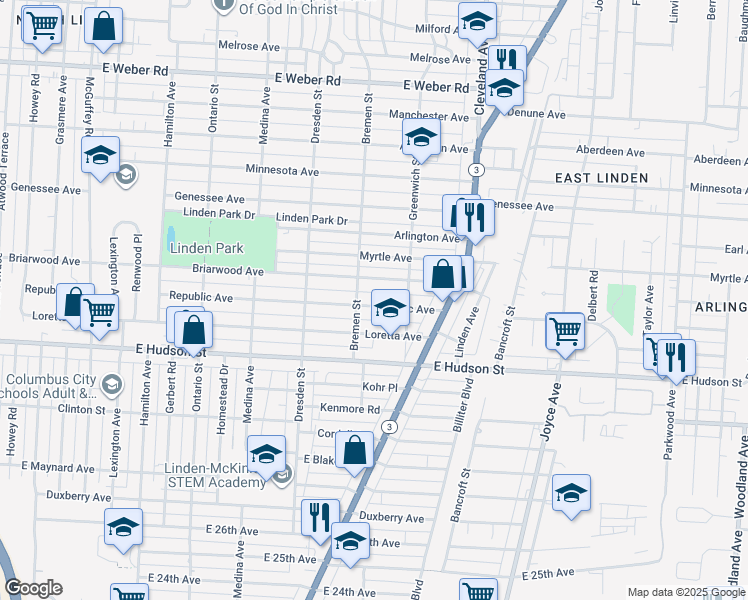 map of restaurants, bars, coffee shops, grocery stores, and more near 1523 Republic Avenue in Columbus