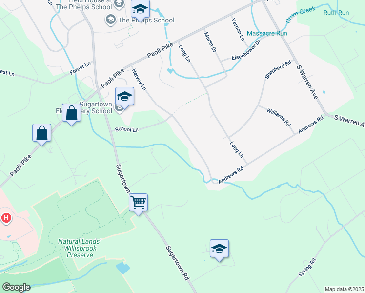 map of restaurants, bars, coffee shops, grocery stores, and more near 24 Harvey Lane in Malvern
