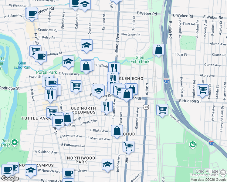 map of restaurants, bars, coffee shops, grocery stores, and more near 2569 Indianola Avenue in Columbus